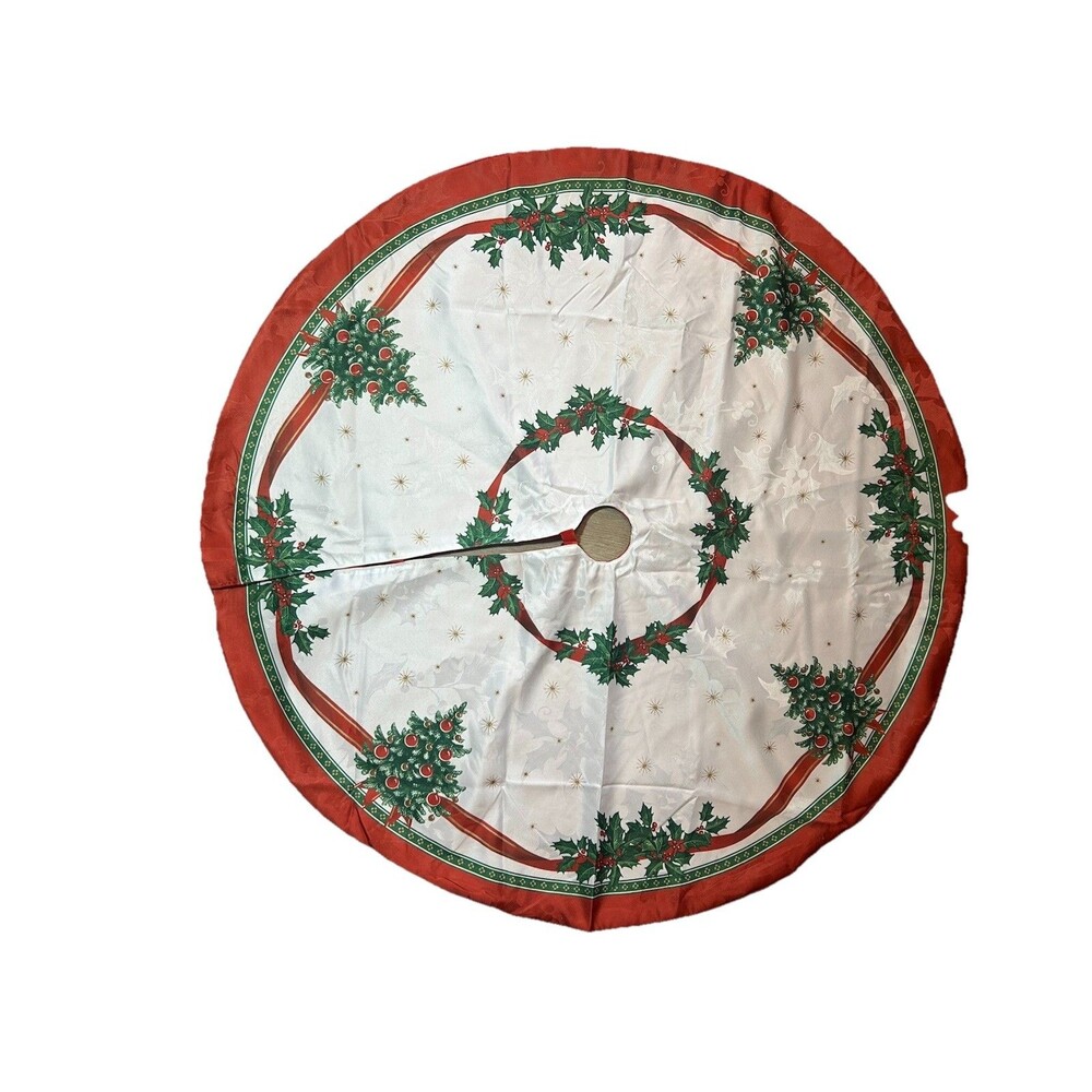 Villeroy Boch Christmas Tree Skirt Holly Berry Round Touch Fastener Red 48”